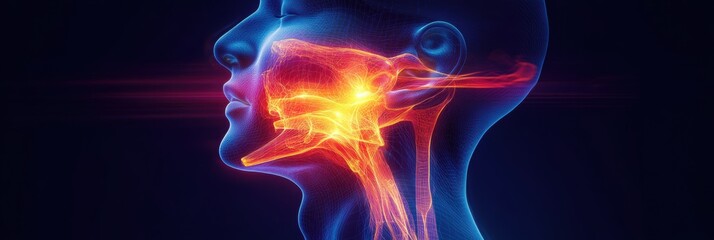 Poster - Visualization of human anatomy highlighting oral cavity and throat structures in a detailed and colorful representation. Generative AI