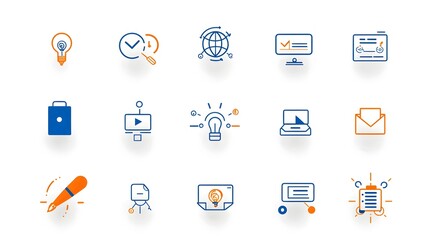 Fototapete - Digital learning and online communication icon set featuring a collection of abstract line art symbols representing video conferencing  interactive training  business presentations