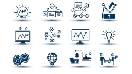 Fototapete - Futuristic line style icons representing a live webinar environment including symbols for real time discussions virtual teamwork knowledge sharing and digital classrooms