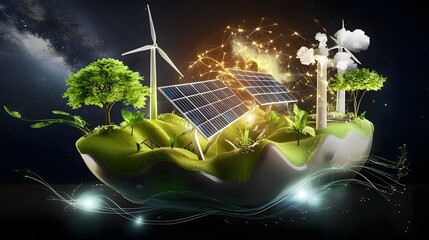 Poster - Futuristic and dynamic representation of a floating green energy ecosystem featuring solar panels wind turbines and hydroelectric power plants generating clean electricity
