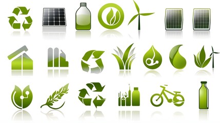 Poster - A set of modern sleek and glowing green icons representing renewable energy sources recycling and sustainable development concepts