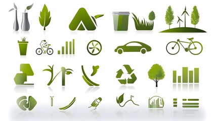 Poster - This image presents a dynamic collection of abstract  nature inspired green icons  symbolizing the concepts of environmental protection  tree planting  electric vehicles  air purification