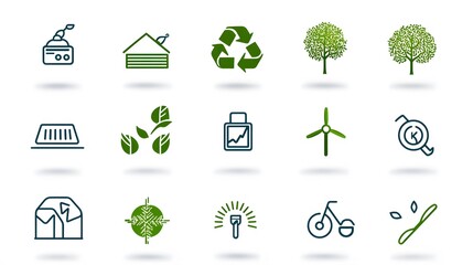 Aufkleber - This visually balanced set of 15 editable stroke icons represents the key elements of an environmentally responsible city  The icons symbolize clean transportation  energy efficiency  waste reduction