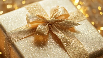 Aufkleber - Elegant golden gift box with shiny ribbon surrounded by warm festive lights. Generative AI