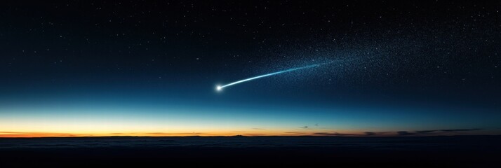 Poster - Bright comet streaks across the twilight sky over a serene landscape at dusk. Generative AI