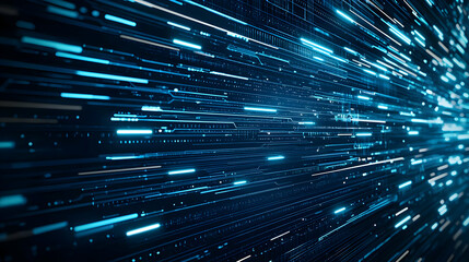 Abstract Blue Digital Data Stream with Bright Lines and Dot Grid Background