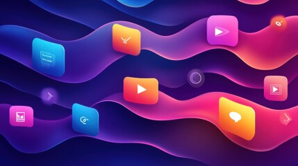 Aufkleber - Colorful digital interface showing various multimedia icons in a fluid design against a dark background. Generative AI