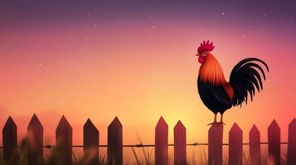 A colorful rooster standing proudly on a fence during a stunning sunset.