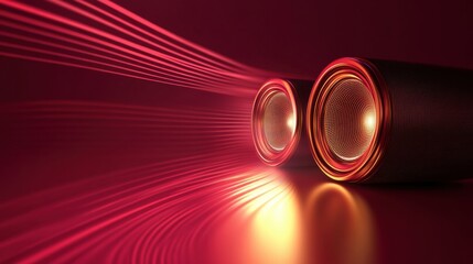 Poster - 3D speakers creating vibrant light waves in a darkened space glowing with warm red tones. Generative AI