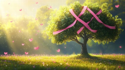 Leinwandbilder - Tree adorned with pink ribbons and hearts in a serene meadow during golden hour. Generative AI