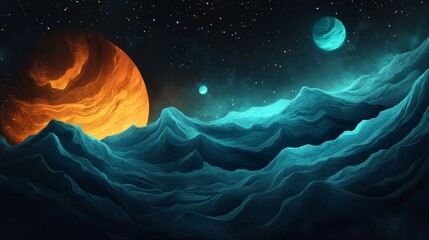 Wall Mural - alien landscape, orange planet on space background, surreal mountains, science fiction.