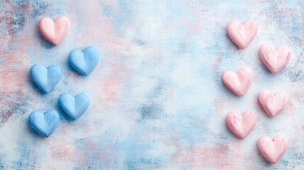 Fototapete - Colorful heart shapes arranged on a textured pastel background for decoration and celebration. Generative AI