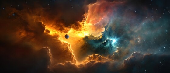 cosmic nebula with stars and planet in deep space