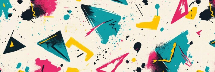 Fototapete - Colorful abstract design featuring geometric shapes and splashes of paint in vibrant hues across a light background. Generative AI