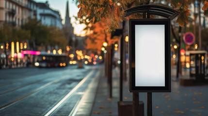showcase a versatile advertising mockup featuring a blank poster in an urban setting during autumn. 