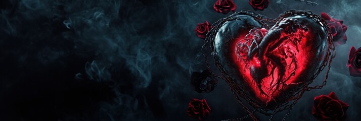 Aufkleber - Dark heart surrounded by roses with chains and smoke creating a dramatic and intense atmosphere. Generative AI
