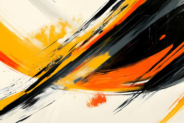 Wall Mural - An abstract background with an orange, yellow, and black color scheme, featuring bold brushstrokes on white paper.