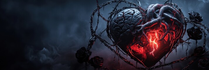 Leinwandbilder - Intricate heart and brain design entwined with thorns surrounded by dark roses in a surreal and moody atmosphere. Generative AI