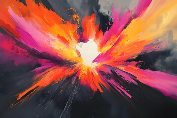 Wall Mural - An abstract digital painting of an explosion, with vibrant colors and fluid shapes creating dynamic movement in the center of the composition.