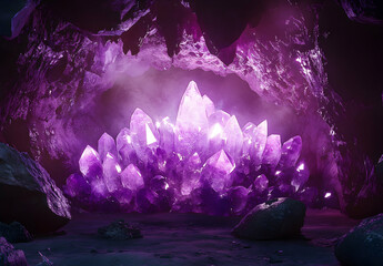 Wall Mural - amethyst crystal cave, purple light, photorealistic, ultra realistic, cinematic