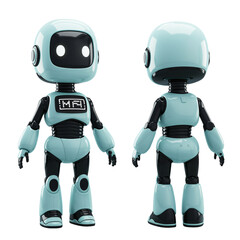 this 3d model shows a light teal robot from both the front and back