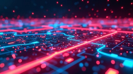 Poster - Abstract digital lines and circuits in bright neon colors against a dark background, suggesting innovation and technology