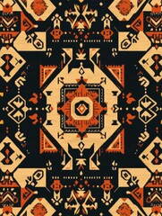 Fototapete - Colorful geometric patterns with tribal influences and contrasting colors dominate the design on a dark background. Generative AI