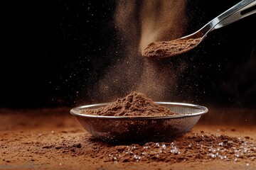 Poster - Dark cocoa powder being sifted through a fine mesh strainer in a kitchen setting. Generative AI