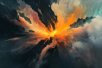 Wall Mural - An abstract digital painting of an explosion, with vibrant colors and fluid shapes creating dynamic movement in the center of the composition.