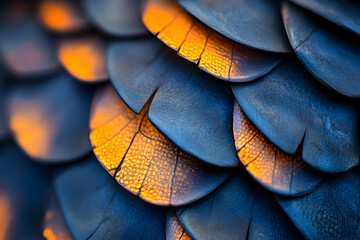 Wall Mural - close-up of dragon scales, deep blue and orange, hyper-realistic photography