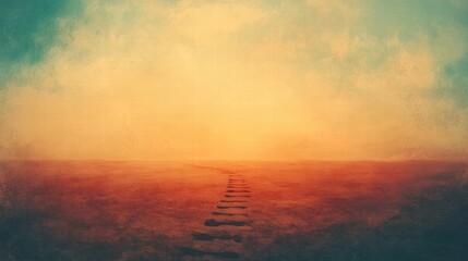 Poster - Footsteps leading towards a vibrant sunset in a vast, open landscape with soft colors. Generative AI