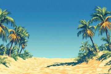 Poster - Vibrant beach landscape with palm trees and clear blue sky evokes a tropical paradise atmosphere during daytime. Generative AI