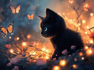 black kitten gazing at butterflies in a dreamy floral garden