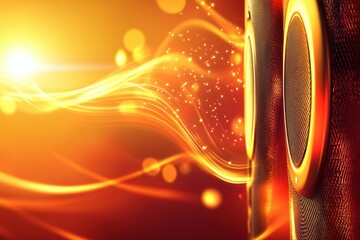 Fototapete - 3D speakers emitting vibrant light waves in an energetic atmosphere of sound and movement. Generative AI