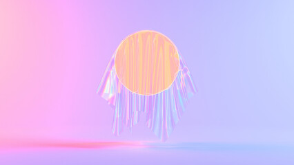 Poster - Holographic floating fabric with a glowing circular shape, set against a soft pastel gradient background, creating a futuristic and surreal aesthetic.