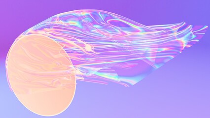 Poster - Holographic floating fabric with a glowing circular shape, set against a soft pastel gradient background, creating a futuristic and surreal aesthetic.