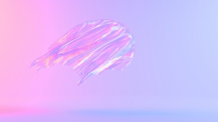 Poster - Holographic floating fabric with a glowing circular shape, set against a soft pastel gradient background, creating a futuristic and surreal aesthetic.