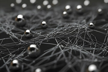 Wall Mural - a close-up of tiny, delicate black wires and white dots on a dark grey background.