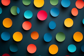 Wall Mural - Colorful paper dots arranged in a pattern on a dark background, showcasing the contrast between bright and muted colors.