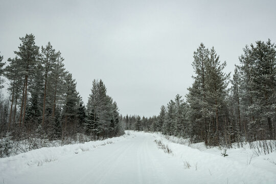 Snow covered road in North Finland on a sunny winter day. Travel Finland landscape background.