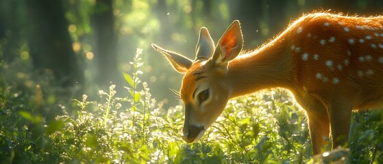 Sticker - Fawn grazing in sunlit forest, nature scene