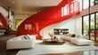 © DREAMERLYN STUDIO - Contemporary living room with bold red arc wall design, elegant furniture, and warm lighting, creating a stylish and modern interior.