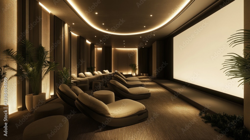 Elegant movie theater interior with soft ambient lights, a blank ...