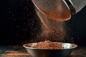 Poster - Cocoa powder being sifted through a fine mesh sieve onto a metal bowl in a kitchen setting. Generative AI