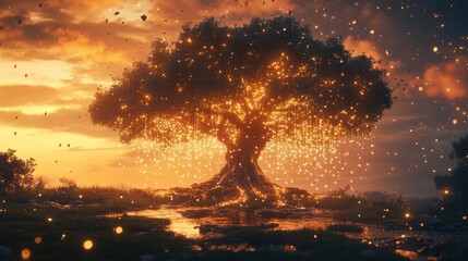 Aufkleber - Enchanted tree radiating light amidst a serene sunset in a tranquil landscape. Generative AI