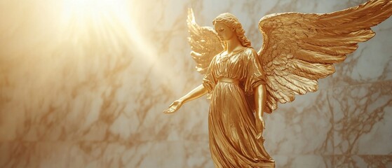 Canvas Print - Golden angel statue, marble background, light rays, religious art