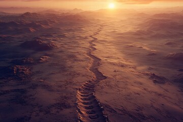 Aufkleber - Dusty path leads into distant mountains under a vibrant sunset sky with warm colors reflecting on rugged terrain. Generative AI