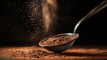 Poster - Fine cocoa powder being sifted through a mesh strainer in a dark kitchen setting. Generative AI