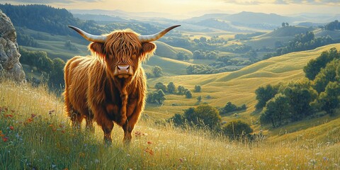 Sticker - Highland cow on hilltop, sunset view, rural landscape, pastoral scene