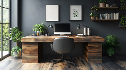 Wall Mural - Organized workspace with a sleek wooden desk, positivity-themed framed typography, and a small bookshelf, 8K quality realistic image